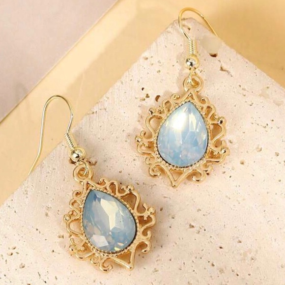 “Andean Opal Lace Teardrop” Milky Blue Filigree Ornate Victorian Steel Earrings - Picture 1 of 8